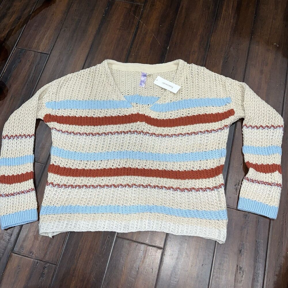 New Alya Light Sand Blue Reddish Brown Stripe Slouch Crochet Knit Pullover MED